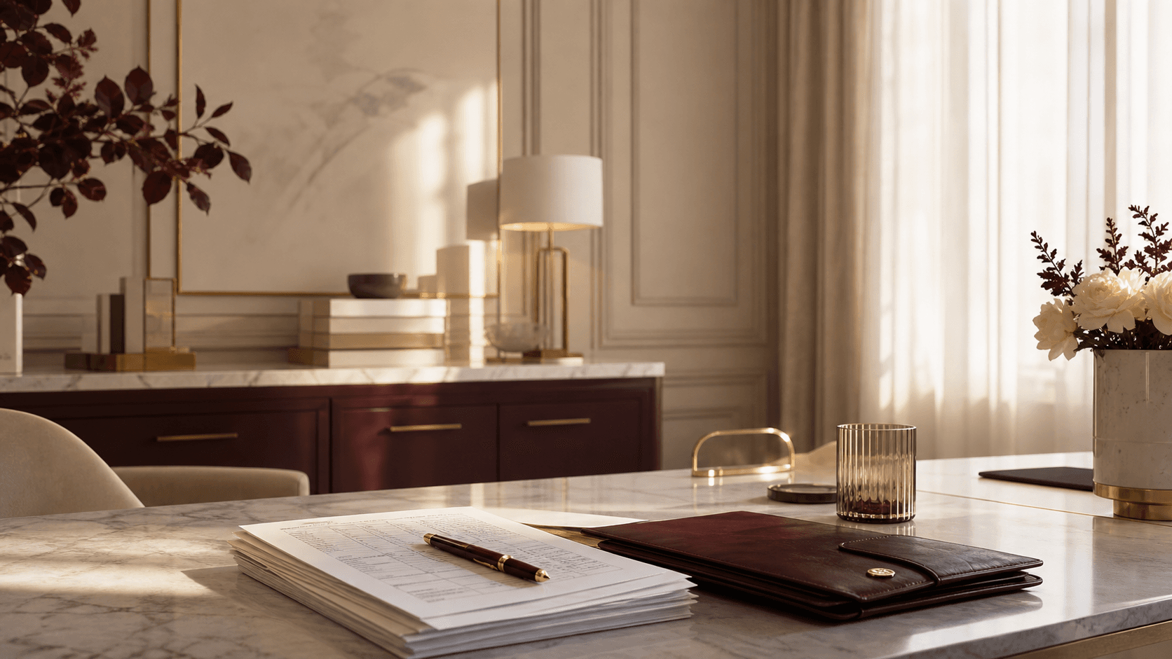 Editorial advisory desk with financial documents and refined office details